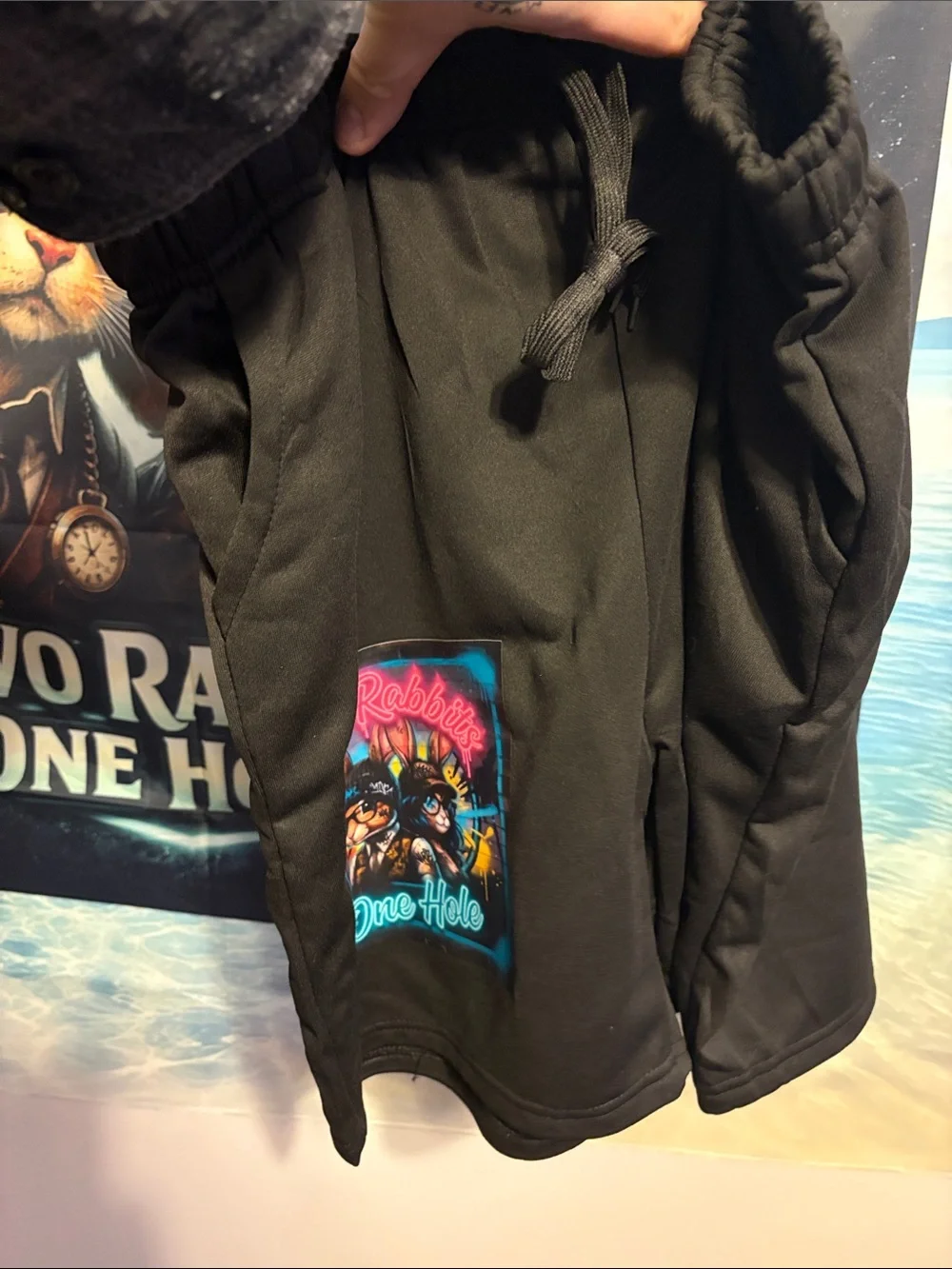 Two Rabbits One Hole Neon Graphic Patch - Black Background comfy shorts to louge
